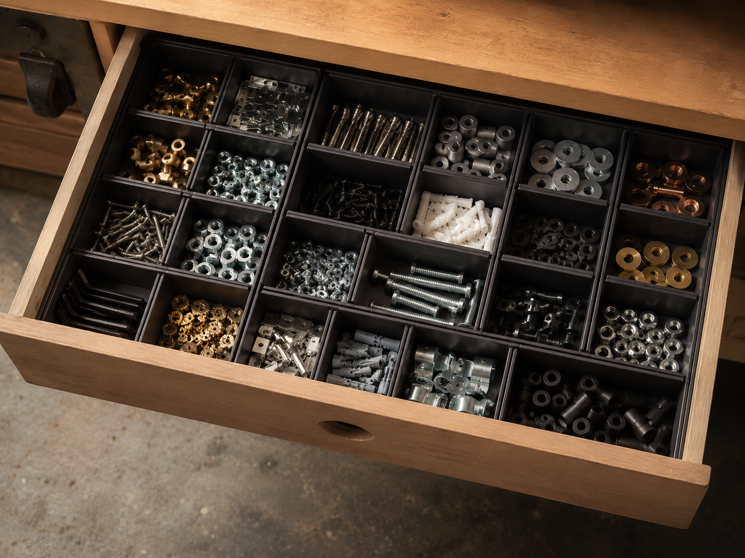 A drawer fitted with modular compartment inserts organising small hardware