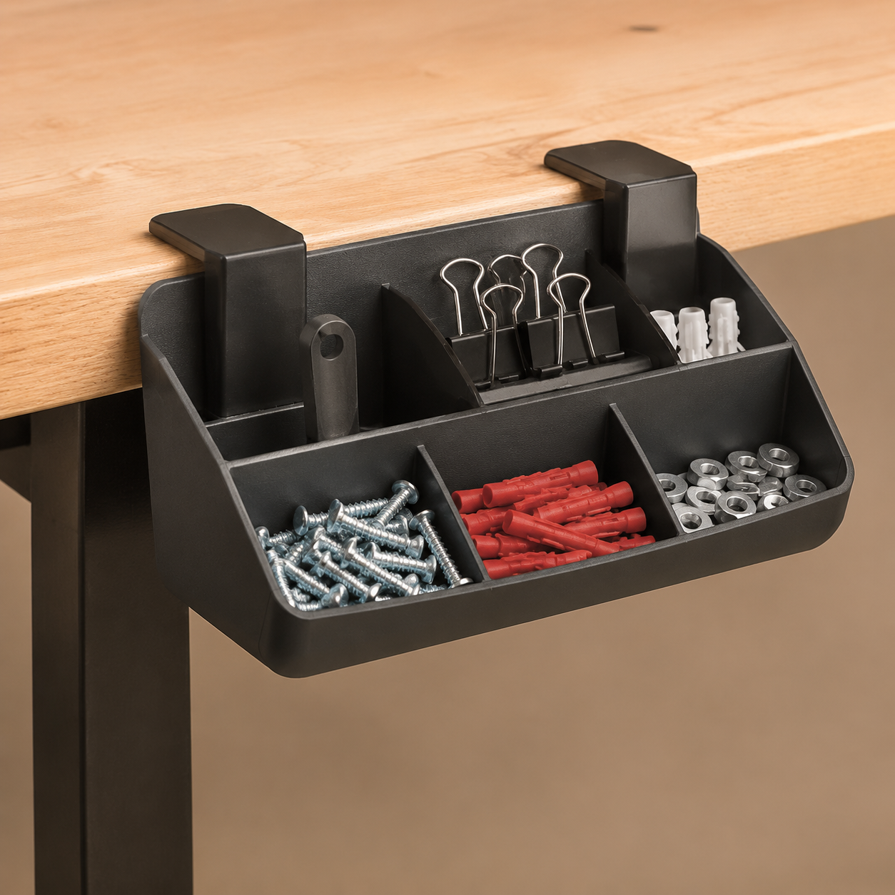 Workbench Edge Caddy — The parts you reach for, at the front edge.