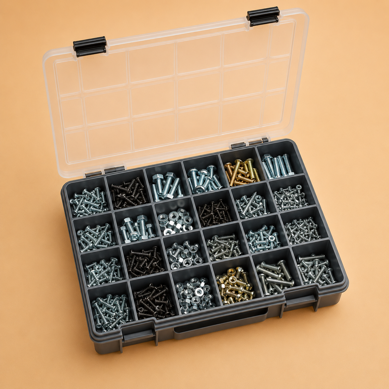 Fastener Sorting Case — One slot per size, twenty-four sizes.