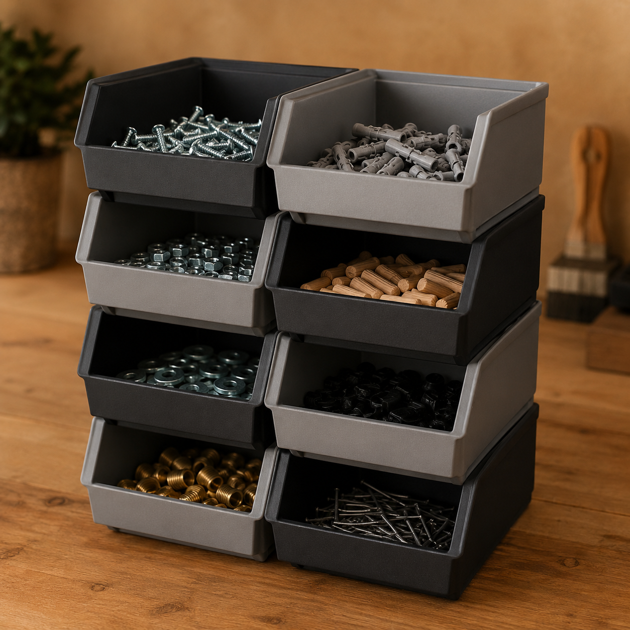 Modular Bin Wall Starter — Eight open bins that stack into a block.
