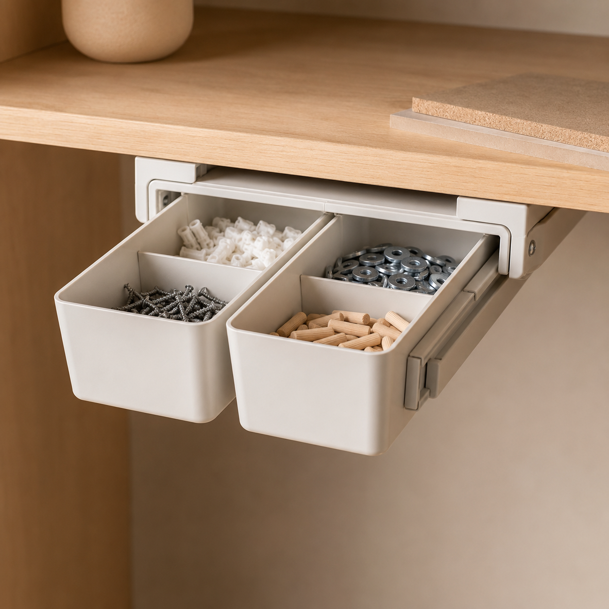 Under-Shelf Sliding Bin Kit — Use the dead space under a shelf.