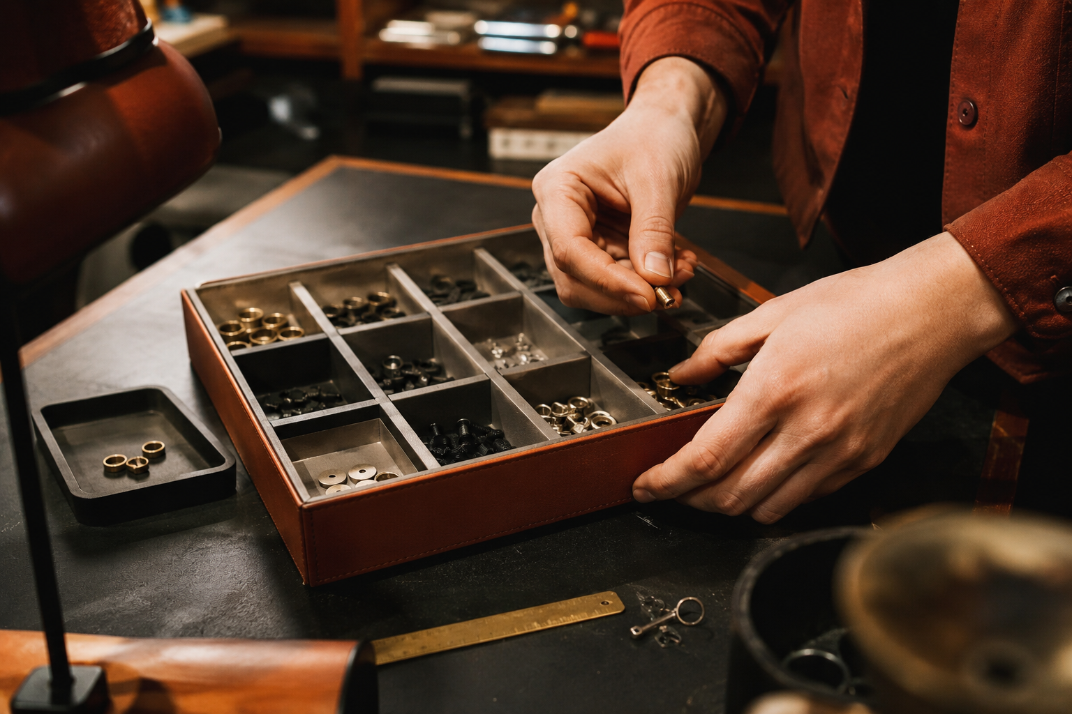 Hands arranging small parts into a modular divided organiser tray on a workbench